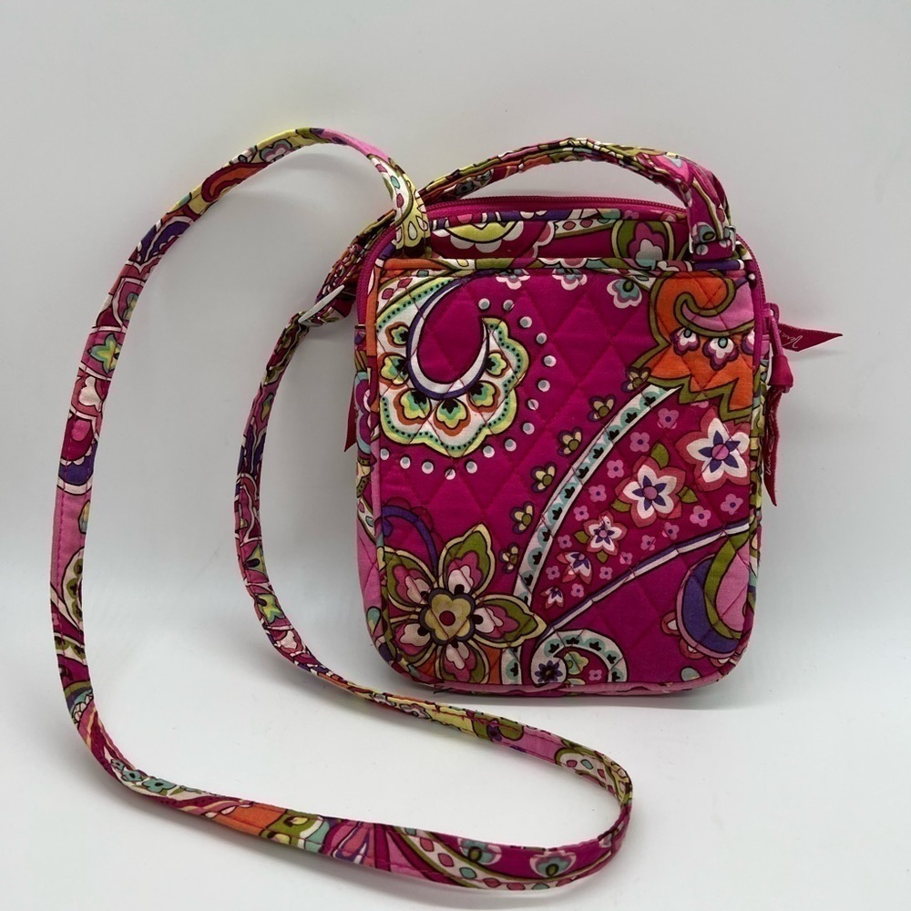 VERA BRADLEY SMALL CROSSBODY BAG WITH LOTS OF POCKETS VIBRANT PINK, ORANGE - Picture 3 of 15